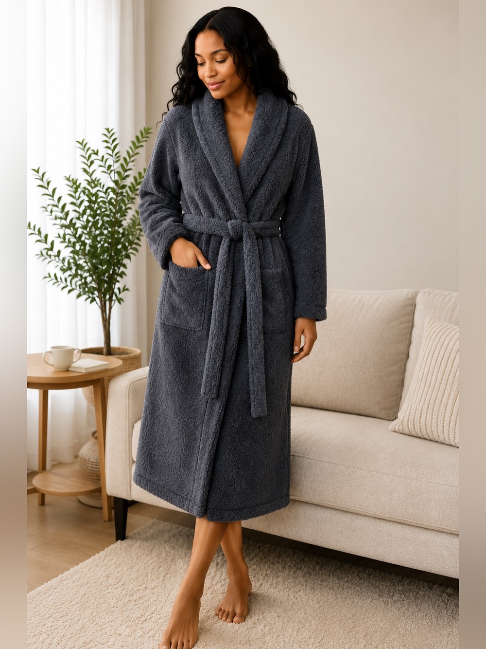 Barefoot Dreams CozyChic Sherpa Robe Charcoal Gray Plush Belted Size 2